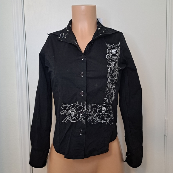 Dead Threads Women Sz M Shirt Goth Western Black Skull Button Down Long Sleeve - Picture 1 of 14